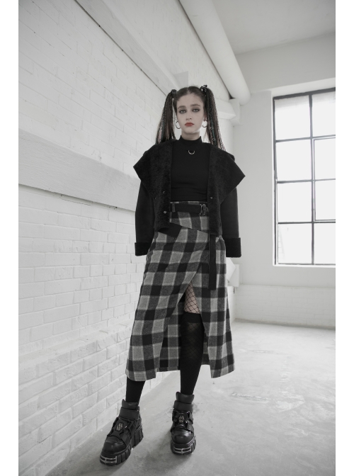 Steam Punk Female Black Grey Lattice Split Plaid Long Skirt