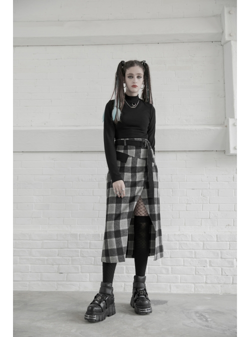 Steam Punk Female Black Grey Lattice Split Plaid Long Skirt