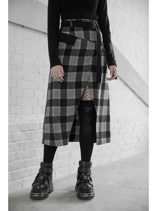 Steam Punk Female Black Grey Lattice Split Plaid Long Skirt