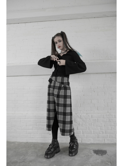 Steam Punk Female Black Grey Lattice Split Plaid Long Skirt