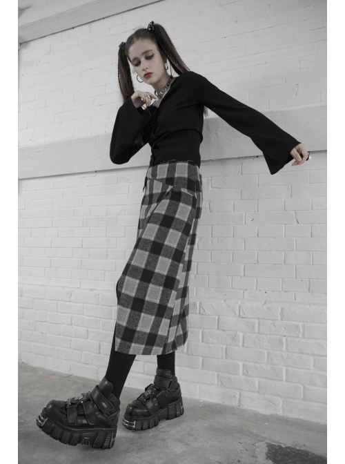 Steam Punk Female Black Grey Lattice Split Plaid Long Skirt