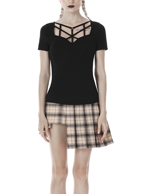 Front Chest Hollow-Out Bandage Short Sleeve Black Punk T-Shirt