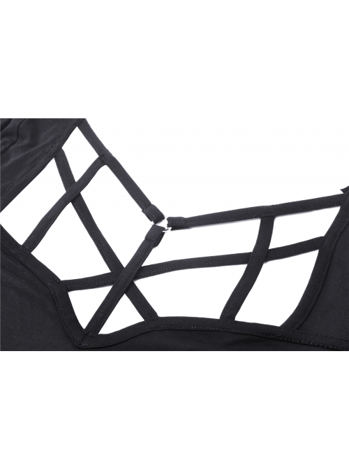 Front Chest Hollow-Out Bandage Short Sleeve Black Punk T-Shirt