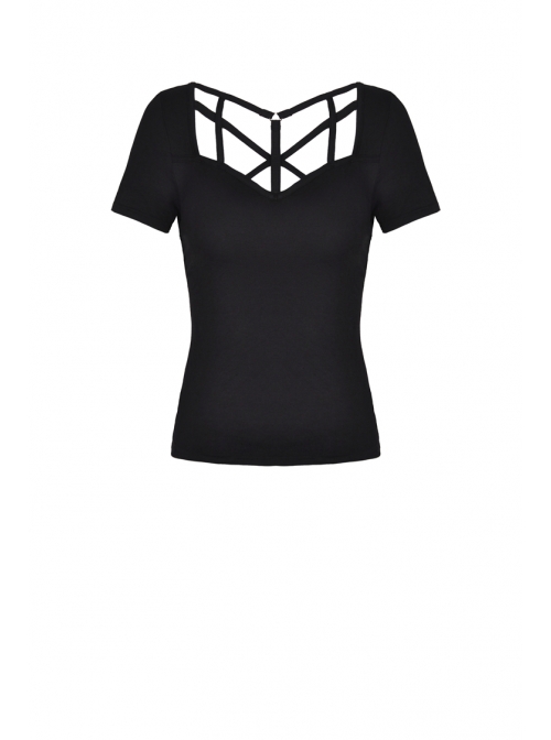 Front Chest Hollow-Out Bandage Short Sleeve Black Punk T-Shirt
