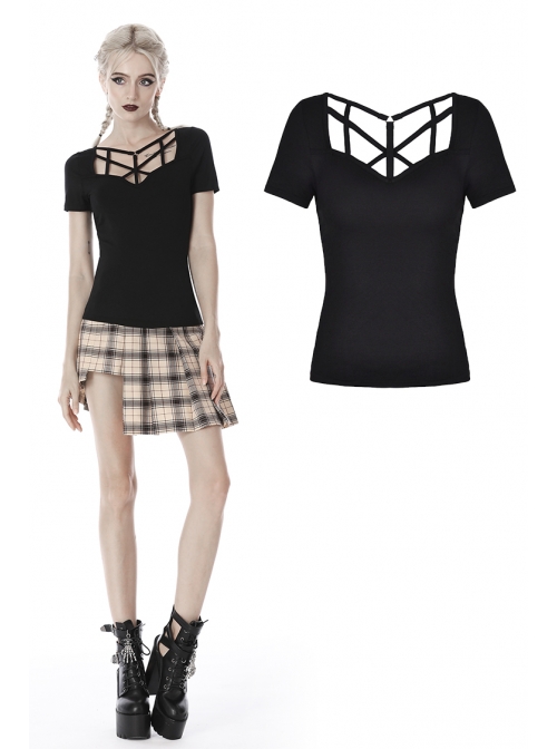Front Chest Hollow-Out Bandage Short Sleeve Black Punk T-Shirt