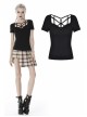 Front Chest Hollow-Out Bandage Short Sleeve Black Punk T-Shirt