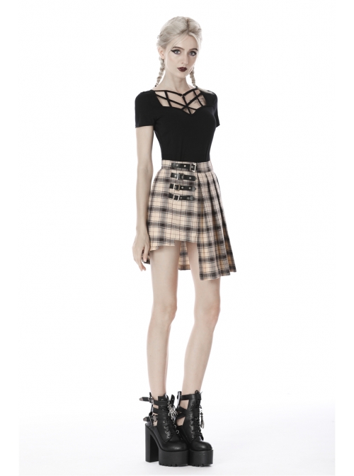 Front Chest Hollow-Out Bandage Short Sleeve Black Punk T-Shirt