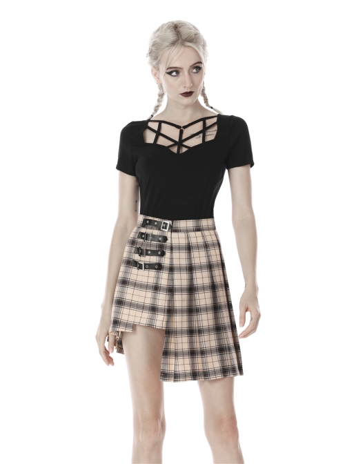 Front Chest Hollow-Out Bandage Short Sleeve Black Punk T-Shirt
