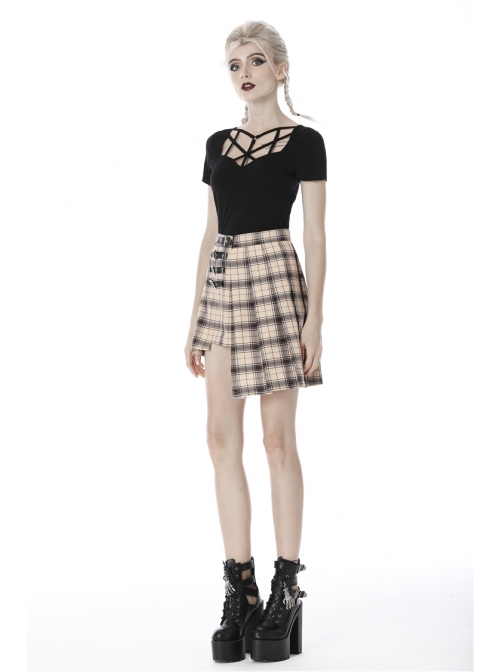 Front Chest Hollow-Out Bandage Short Sleeve Black Punk T-Shirt