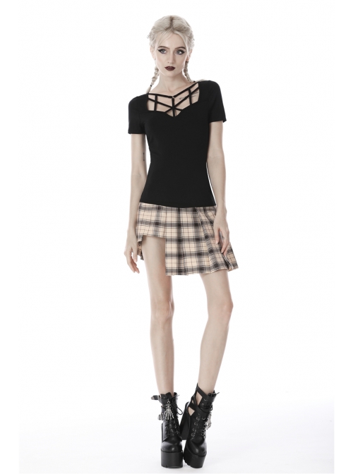 Front Chest Hollow-Out Bandage Short Sleeve Black Punk T-Shirt