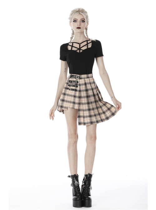 Front Chest Hollow-Out Bandage Short Sleeve Black Punk T-Shirt