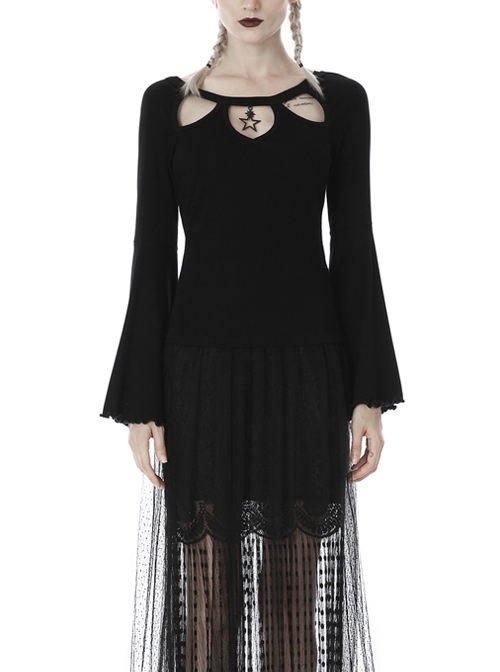 Front Chest Hollow-Out Star-Shape Pendant Flare Sleeve Burr Cuff Black Punk T-Shirt