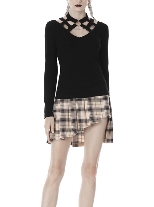V-Neck Front Chest Bandage Metal Cross Pendant Long Sleeve Black Punk Tight T-Shirt