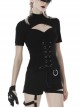 High Collar Front Chest Hollow-Out Waist Metal Eyelets Lace-Up Short Sleeve Black Punk T-Shirt