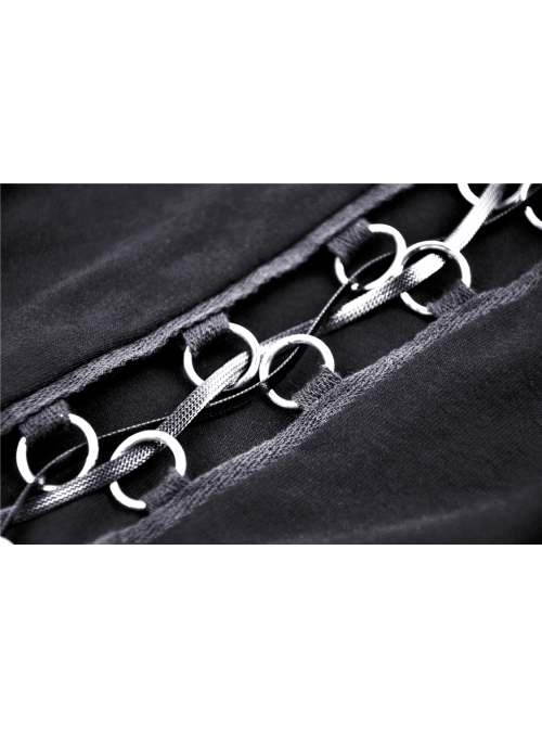 High Collar Front Chest Hollow-Out Waist Metal Eyelets Lace-Up Short Sleeve Black Punk T-Shirt
