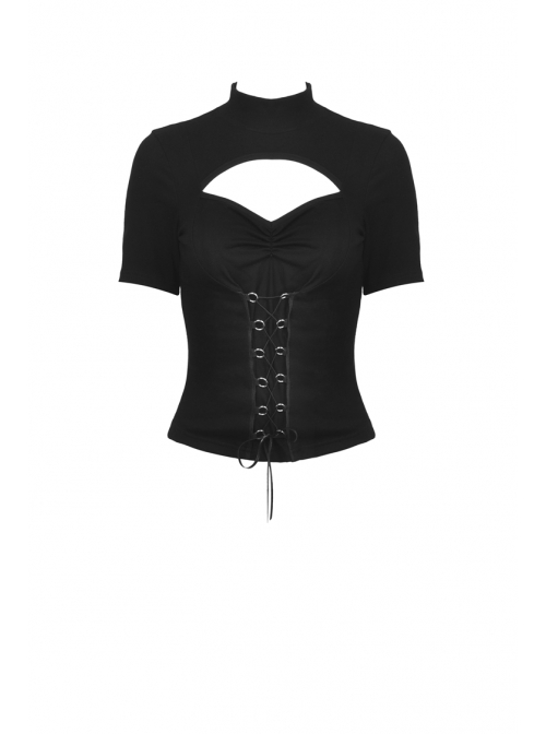 High Collar Front Chest Hollow-Out Waist Metal Eyelets Lace-Up Short Sleeve Black Punk T-Shirt