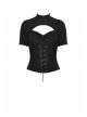 High Collar Front Chest Hollow-Out Waist Metal Eyelets Lace-Up Short Sleeve Black Punk T-Shirt