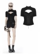 High Collar Front Chest Hollow-Out Waist Metal Eyelets Lace-Up Short Sleeve Black Punk T-Shirt