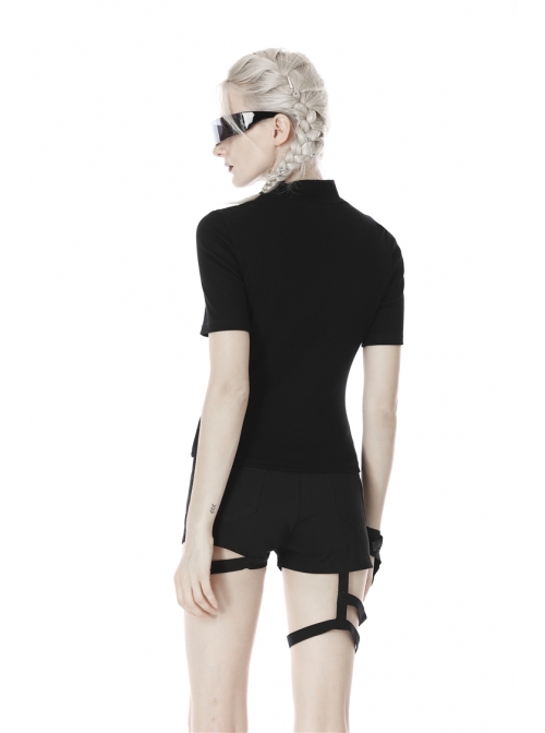 High Collar Front Chest Hollow-Out Waist Metal Eyelets Lace-Up Short Sleeve Black Punk T-Shirt