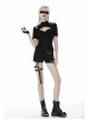 High Collar Front Chest Hollow-Out Waist Metal Eyelets Lace-Up Short Sleeve Black Punk T-Shirt