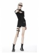 High Collar Front Chest Hollow-Out Waist Metal Eyelets Lace-Up Short Sleeve Black Punk T-Shirt