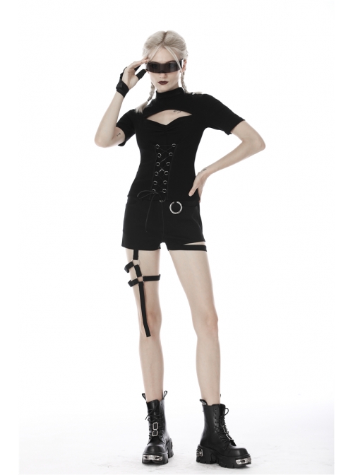 High Collar Front Chest Hollow-Out Waist Metal Eyelets Lace-Up Short Sleeve Black Punk T-Shirt