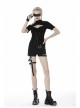 High Collar Front Chest Hollow-Out Waist Metal Eyelets Lace-Up Short Sleeve Black Punk T-Shirt
