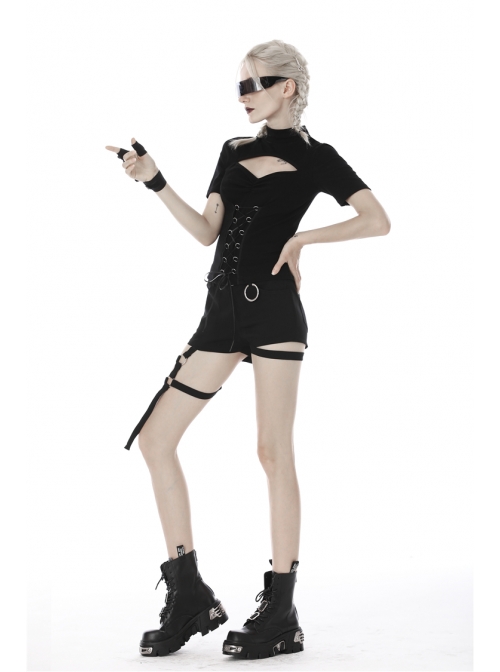 High Collar Front Chest Hollow-Out Waist Metal Eyelets Lace-Up Short Sleeve Black Punk T-Shirt