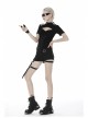 High Collar Front Chest Hollow-Out Waist Metal Eyelets Lace-Up Short Sleeve Black Punk T-Shirt