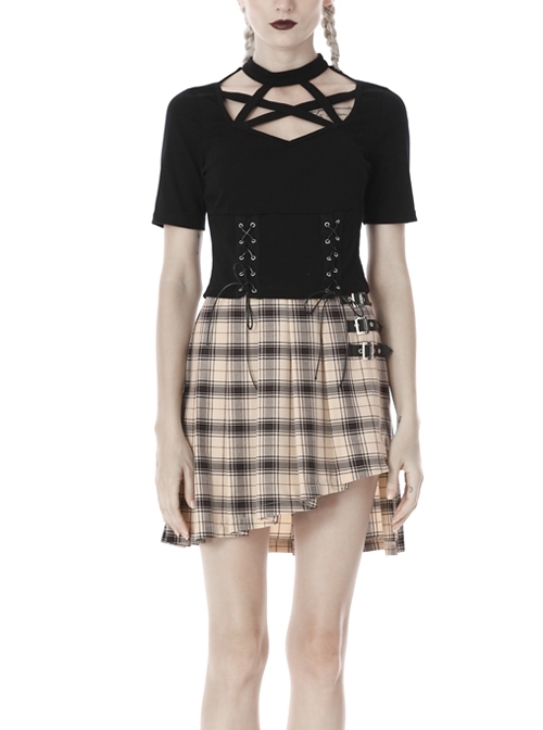 Front Chest Hollow-Out Star-Shape Bandage Short Sleeve Slit Lace-Up Hem Black Punk T-Shirt