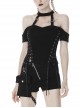 Off-Shoulder Metal Buckle Strap Slit Lace-Up Hem Black Punk Halter T-Shirt