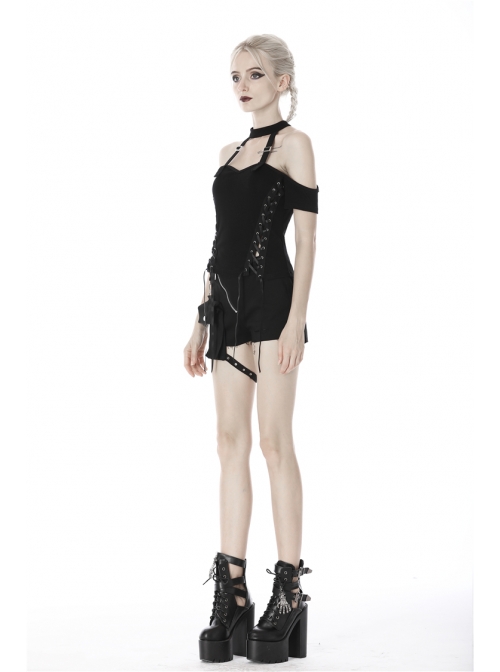 Off-Shoulder Metal Buckle Strap Slit Lace-Up Hem Black Punk Halter T-Shirt