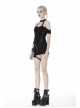 Off-Shoulder Metal Buckle Strap Slit Lace-Up Hem Black Punk Halter T-Shirt