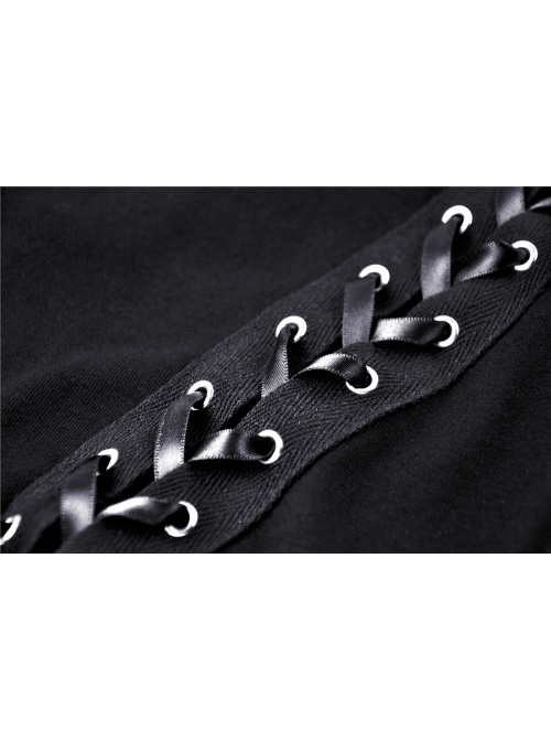 Off-Shoulder Metal Buckle Strap Slit Lace-Up Hem Black Punk Halter T-Shirt