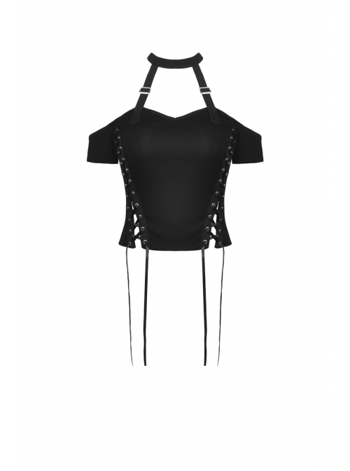 Off-Shoulder Metal Buckle Strap Slit Lace-Up Hem Black Punk Halter T-Shirt