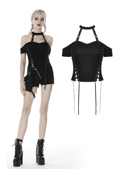Off-Shoulder Metal Buckle Strap Slit Lace-Up Hem Black Punk Halter T-Shirt