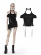 Off-Shoulder Metal Buckle Strap Slit Lace-Up Hem Black Punk Halter T-Shirt