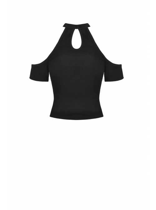 Off-Shoulder Metal Buckle Strap Slit Lace-Up Hem Black Punk Halter T-Shirt