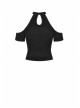 Off-Shoulder Metal Buckle Strap Slit Lace-Up Hem Black Punk Halter T-Shirt