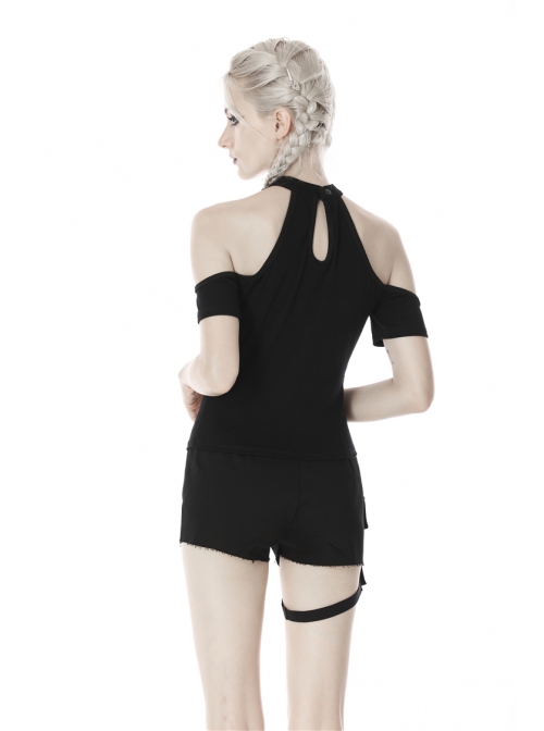 Off-Shoulder Metal Buckle Strap Slit Lace-Up Hem Black Punk Halter T-Shirt