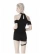 Off-Shoulder Metal Buckle Strap Slit Lace-Up Hem Black Punk Halter T-Shirt