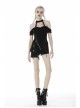 Off-Shoulder Metal Buckle Strap Slit Lace-Up Hem Black Punk Halter T-Shirt