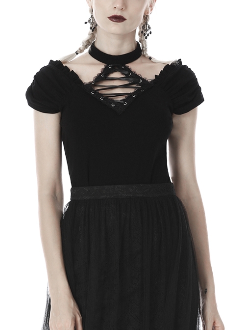 V-Neck Front Chest Metal Eyelets Lace-Up Short Sleeve Black Punk Halter T-Shirt