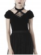 V-Neck Front Chest Metal Eyelets Lace-Up Short Sleeve Black Punk Halter T-Shirt