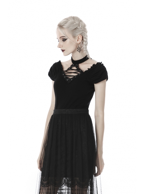 V-Neck Front Chest Metal Eyelets Lace-Up Short Sleeve Black Punk Halter T-Shirt