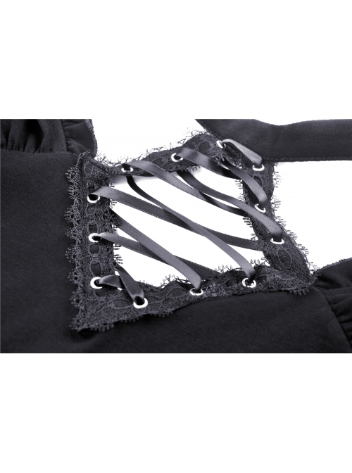 V-Neck Front Chest Metal Eyelets Lace-Up Short Sleeve Black Punk Halter T-Shirt