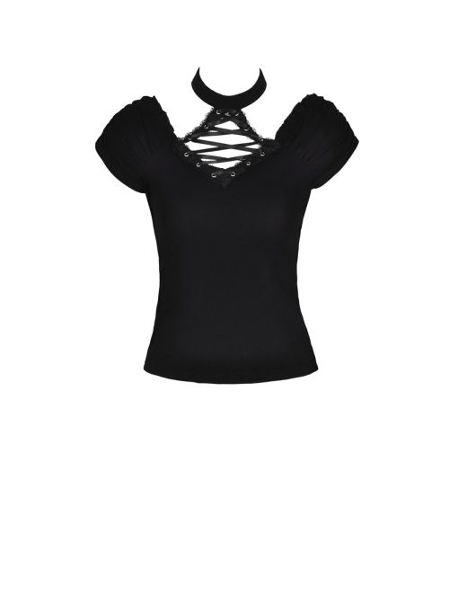 V-Neck Front Chest Metal Eyelets Lace-Up Short Sleeve Black Punk Halter T-Shirt