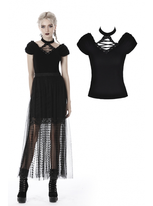 V-Neck Front Chest Metal Eyelets Lace-Up Short Sleeve Black Punk Halter T-Shirt