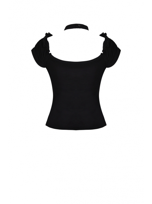 V-Neck Front Chest Metal Eyelets Lace-Up Short Sleeve Black Punk Halter T-Shirt