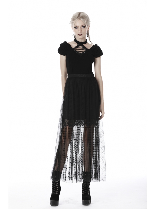 V-Neck Front Chest Metal Eyelets Lace-Up Short Sleeve Black Punk Halter T-Shirt